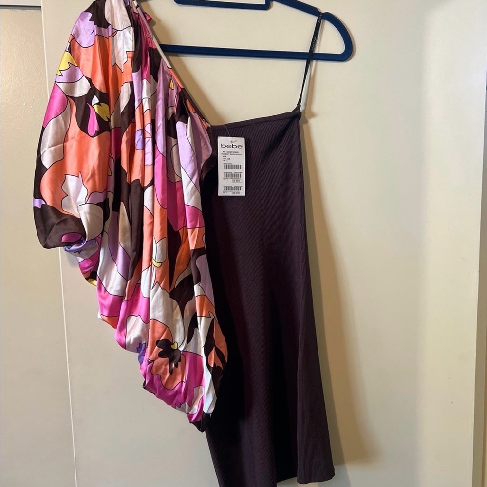 Bebe One-Shoulder Dress with Pink and Brown Floral Sleeve size Large bnwts